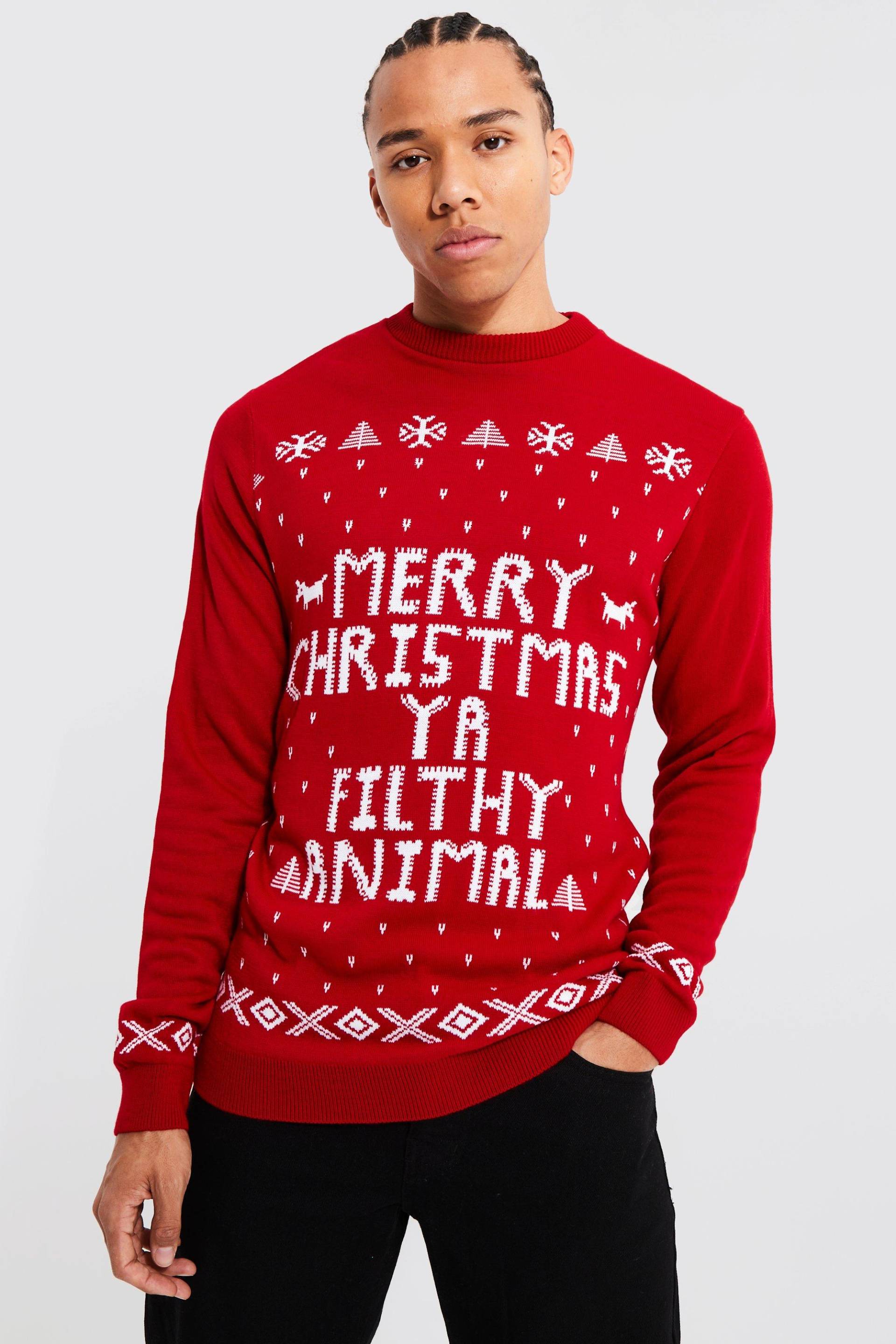 Mens Tall Ya Filthy Animal Weihnachtspullover - Rot - S, Rot von boohooman