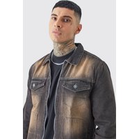 Mens Tall Zip Through Washed Denim Jacket - Braun - XXL, Braun von boohooman