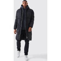 Mens Tall lange Steppjacke mit 4-Taschen und Kapuze - Schwarz - S, Schwarz von boohooman