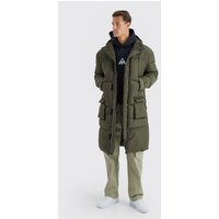 Mens Tall lange Steppjacke mit 4-Taschen und Kapuze - Khaki - S, Khaki von boohooman