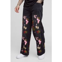 Tall lockere Jeans mit Blumen-Stickerei - Schwarz - 38, Schwarz von boohooman