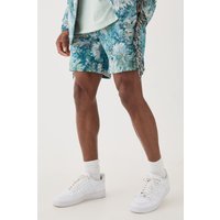 Mens Tapestry Frayed Relaxed Fit Shorts - Blau - 28, Blau von boohooman
