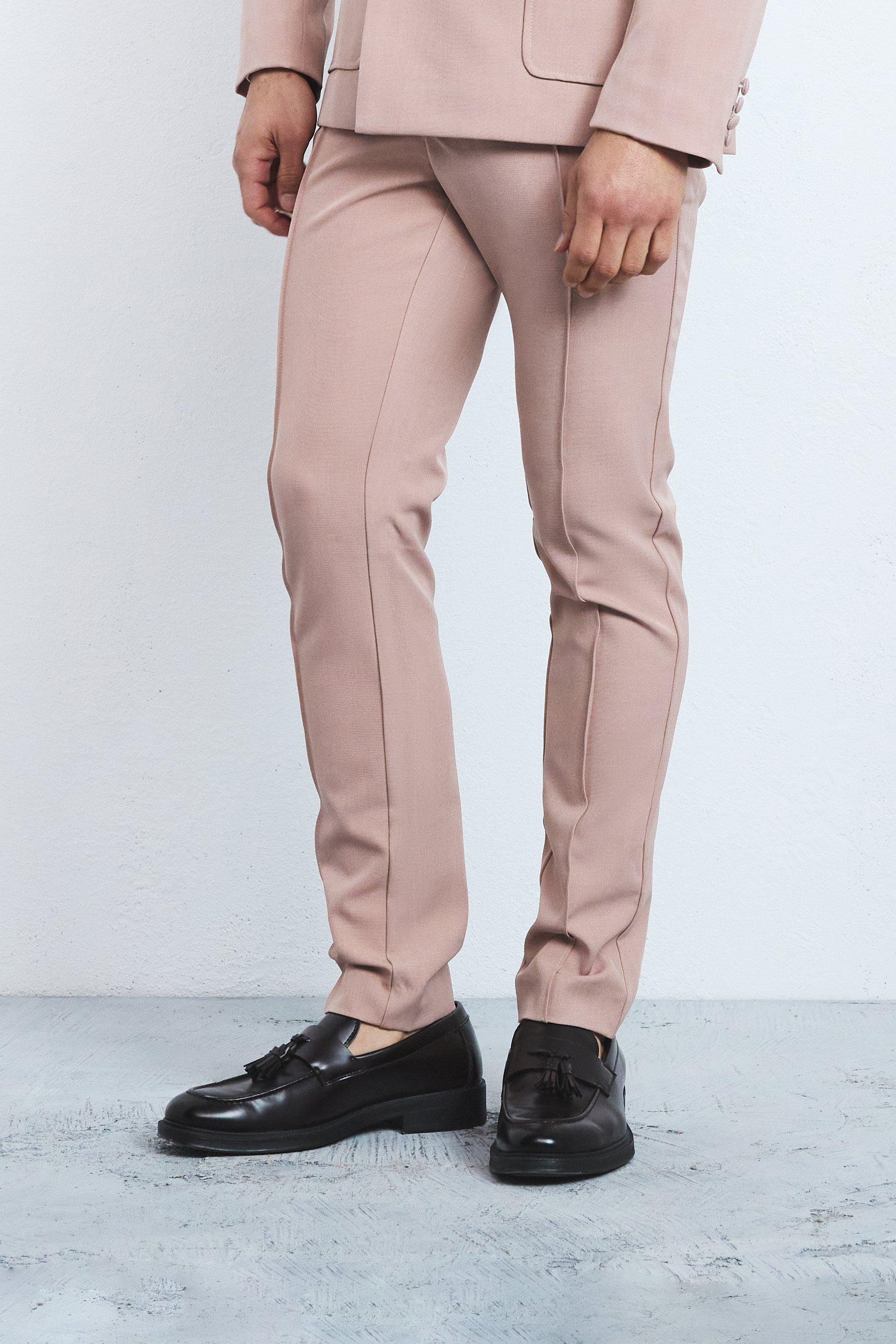 Mens Textured Adjustable Waist Skinny Suit Trousers - Rosa - 28, Rosa von boohooman