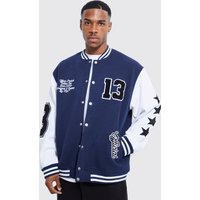 Mens Übergroße College-Jacke aus Jersey mit Aufnäher - Blau - L, Blau von boohooman