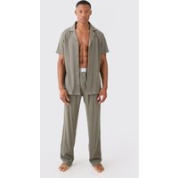 Mens Waffle Lounge Shirt & Relaxed Bottom Set In Khaki - L, Khaki von boohooman