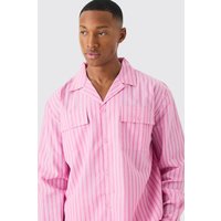 Mens Woven Stripe Lounge Shirt - Rosa - L, Rosa von boohooman