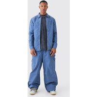 Mens Langärmliges Twill Hemd mit Reißverschluss - Blau - L, Blau von boohooman