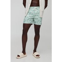 Mittellange gestreifte Badehose mit Paisley-Print - Grün - S, Grün von boohooman