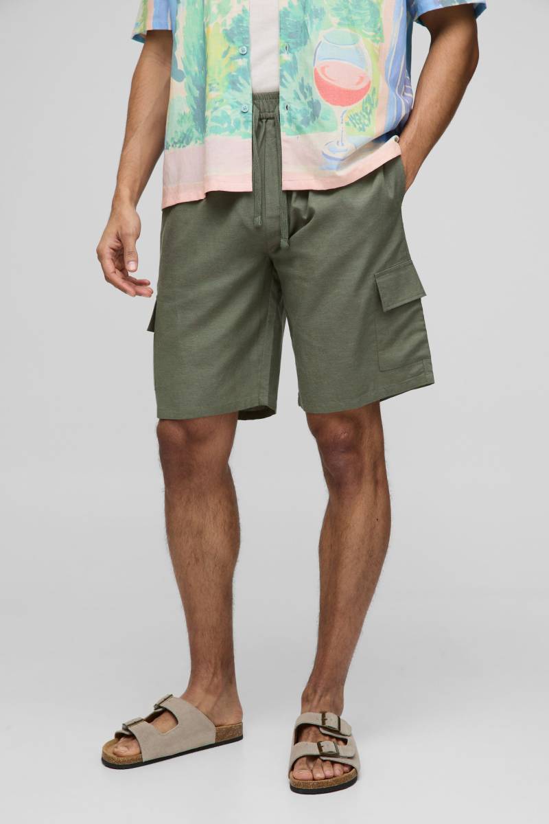 Mittellange lockere Cargo-Shorts aus Leinenmischung mit elastischem Bund - Khaki - S, Khaki von boohooman
