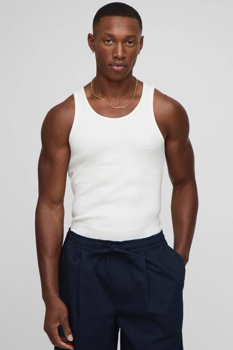 Geripptes Muscle-Fit vesttop mit Auto Man Grafik Print - Ecru - S, Ecru von boohooman