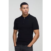 Muscle-Fit Poloshirt mit Reißverschluss - Schwarz - L, Schwarz von boohooman