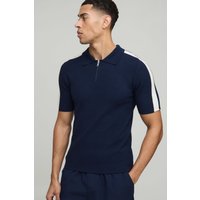 Muscle-Fit Poloshirt mit Reißverschluss und Streifen - Blau - M, Blau von boohooman