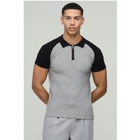 Muscle-Fit Colorblock Poloshirt mit Reißverschluss und Raglan-Ärmeln - Grau - M, Grau von boohooman