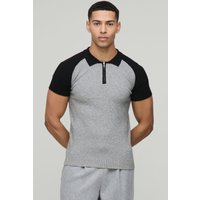 Muscle-Fit Colorblock Poloshirt mit Reißverschluss und Raglan-Ärmeln - Grau - XL, Grau von boohooman