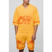 Official Oversize Baseball T-Shirt mit V-Ausschnitt & Shorts - Gelb - XS, Gelb von boohooman