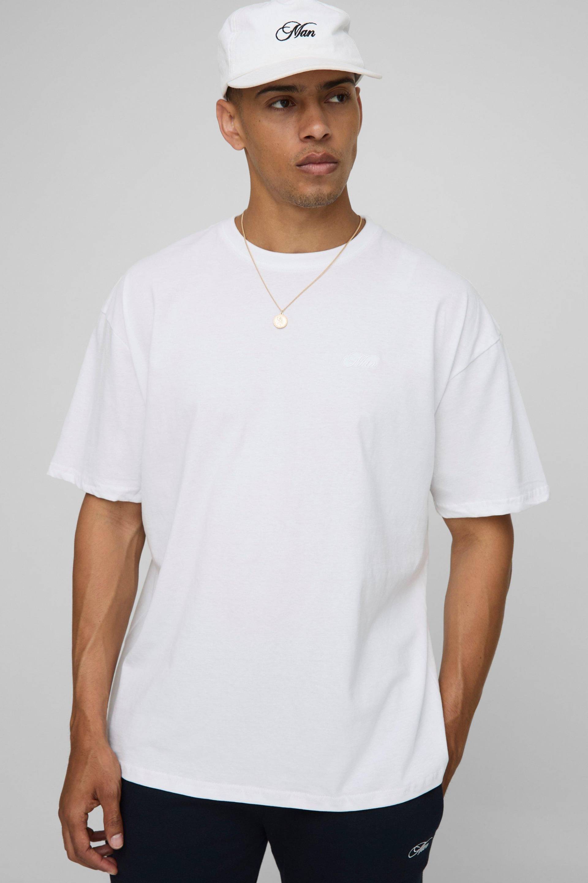 Oversize Basic Rundhals T-Shirt mit Man-Stickerei - Weiß - XS, Weiß von boohooman