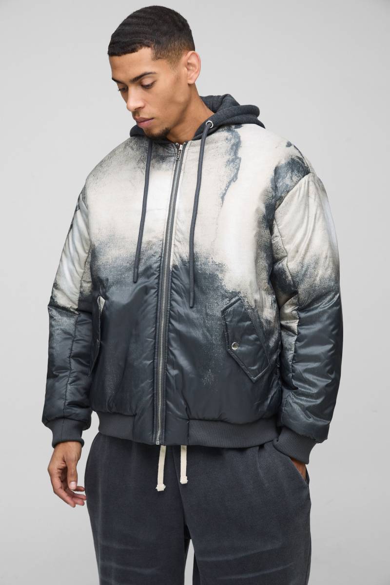 Oversize Bomberjacke mit abstraktem Print und Kapuze - Grau - L, Grau von boohooman