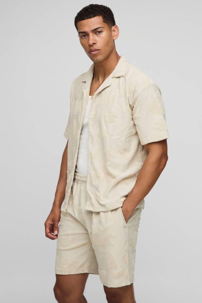 Oversize Frottee-Hemd & lockere Shorts mit abstraktem Print - Weiß - M, Weiß von boohooman