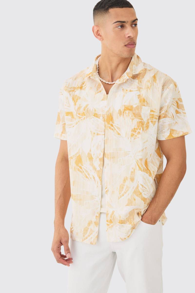 Oversize Hemd im Leinen-Look mit Palmen-Print - Gelb - L, Gelb von boohooman