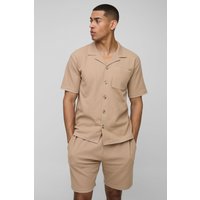 Oversize Hemd in Waffeloptik mit Kontrast-Naht & lockere Shorts - Taupe - XS, Taupe von boohooman