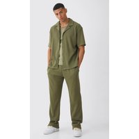 Oversize Hemd & lockere Jogginghose in Waffeloptik - Khaki - S, Khaki von boohooman