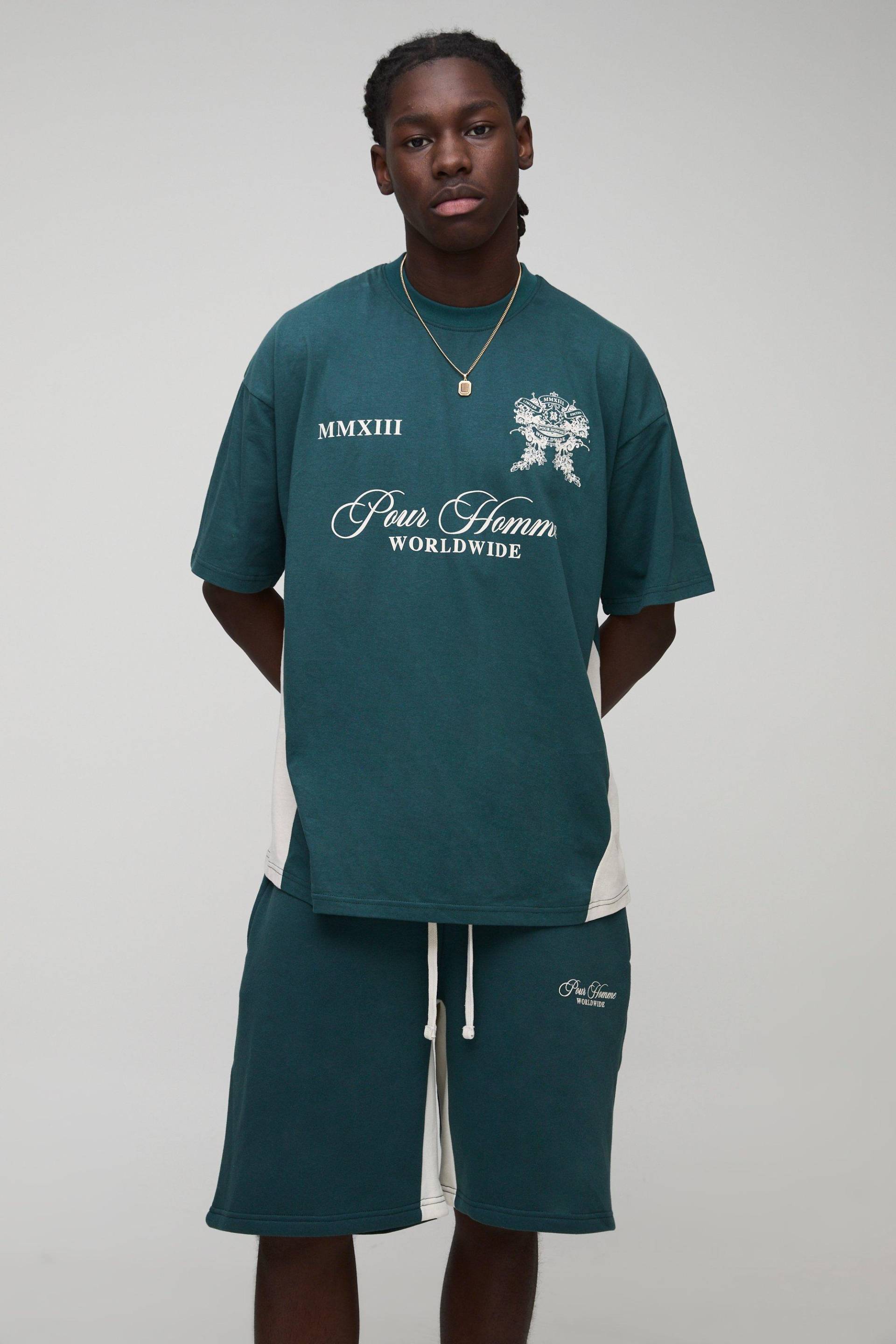 Oversize Homme Colorblock T-Shirt & Shorts - Petrol - M, Petrol von boohooman