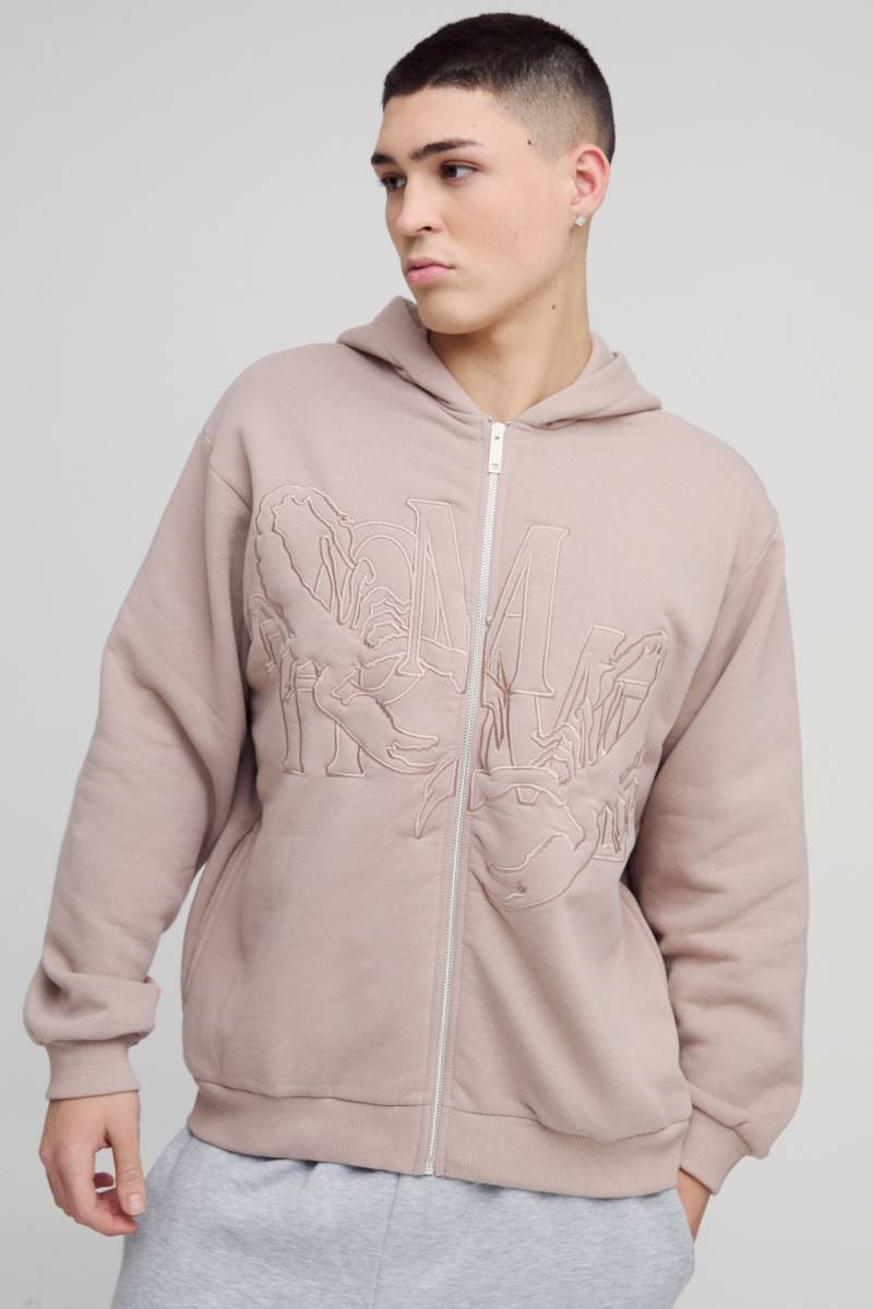 Oversize Homme Twill Hoodie mit Applikation und Reißverschluss - Taupe - L, Taupe Oversize Homme Twill Hoodie mit Applikation und Reißverschluss - Taupe - L, Taupe von boohooman