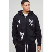 Oversize Hoodie mit Reißverschluss und Herz-Print - Schwarz - XS, Schwarz Oversize Hoodie mit Reißverschluss und Herz-Print - Schwarz - XS, Schwarz von boohooman