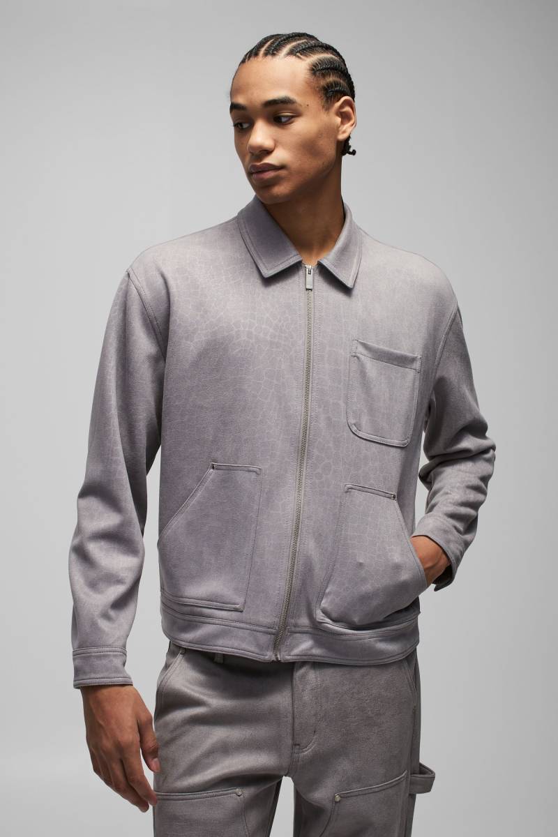 Oversize Kroko-Overshirt aus Wildleder-Imitat - Grau - S, Grau Oversize Kroko-Overshirt aus Wildleder-Imitat - Grau - S, Grau von boohooman