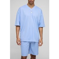 Oversize Mesh Sport-Top mit V-Ausschnitt & Shorts - Blau - XL, Blau von boohooman