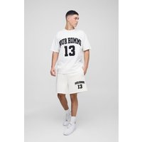 Oversize Mesh T-Shirt mit Homme Applikation & Shorts - Weiß - M, Weiß von boohooman