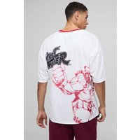 Oversize Mesh T-Shirt mit lizenziertem Strass Fighter Skater Print - Weiß - M, Weiß von boohooman