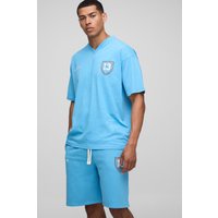 Oversize Ofcl T-Shirt mit V-Ausschnitt & Shorts - Blau - XL, Blau von boohooman