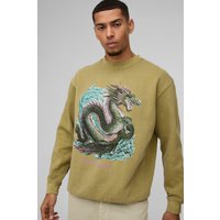 Oversize Official Sweatshirt mit Drachen-Print - Khaki - S, Khaki von boohooman