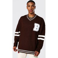 Oversize Strick-Pullover mit V-Ausschnitt - Braun - M, Braun von boohooman
