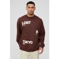 Oversize Sweatshirt mit Lost In Tokyo Print - Braun - XS, Braun Oversize Sweatshirt mit Lost In Tokyo Print - Braun - XS, Braun von boohooman