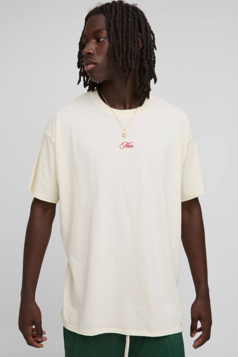 Oversize T-Shirt in Ecru-Stickerei mit Man-Print - XS, Ecru von boohooman