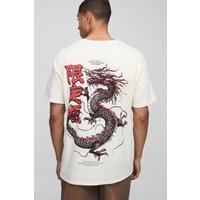 Oversize T-Shirt in Ecru mit Drachen-Print - S, Ecru von boohooman