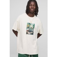 Oversize T-Shirt in Ecru mit Man Moto-Print - XS, Ecru von boohooman