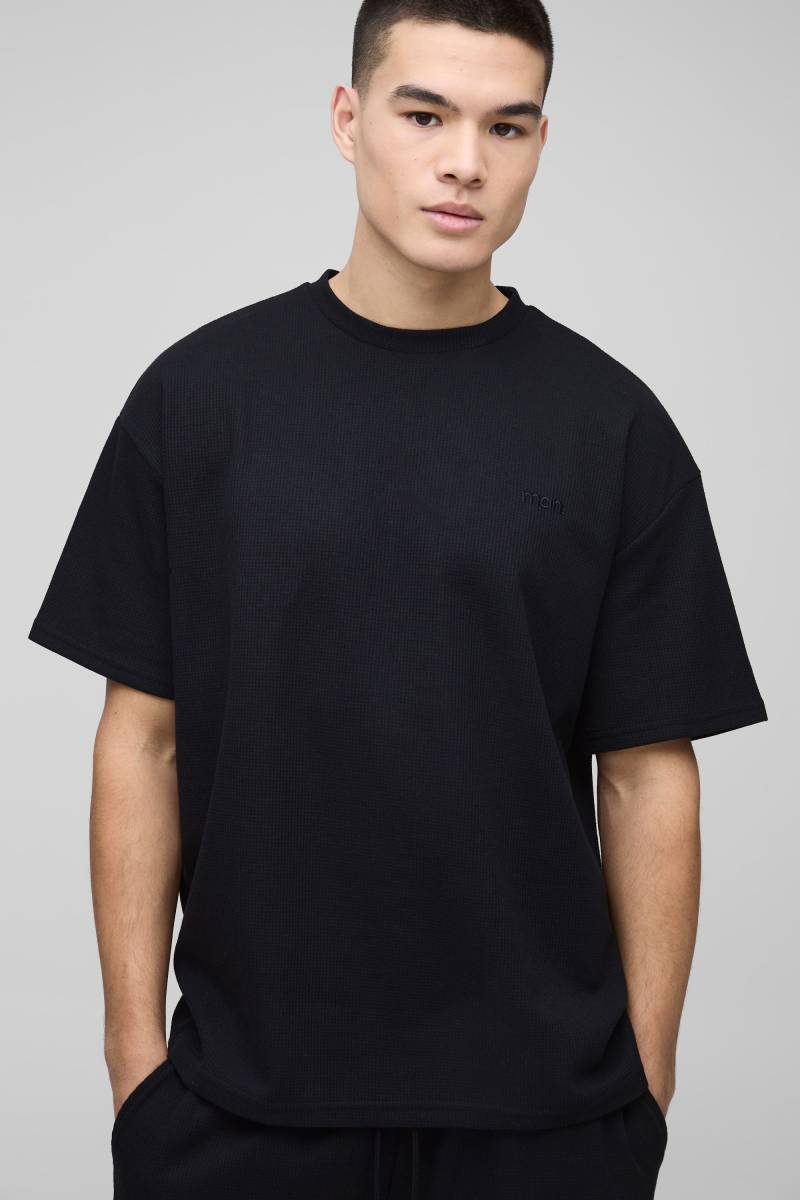 Oversize T-Shirt in Waffeloptik mit Man-Stickerei - Schwarz - XS, Schwarz Oversize T-Shirt in Waffeloptik mit Man-Stickerei - Schwarz - XS, Schwarz von boohooman