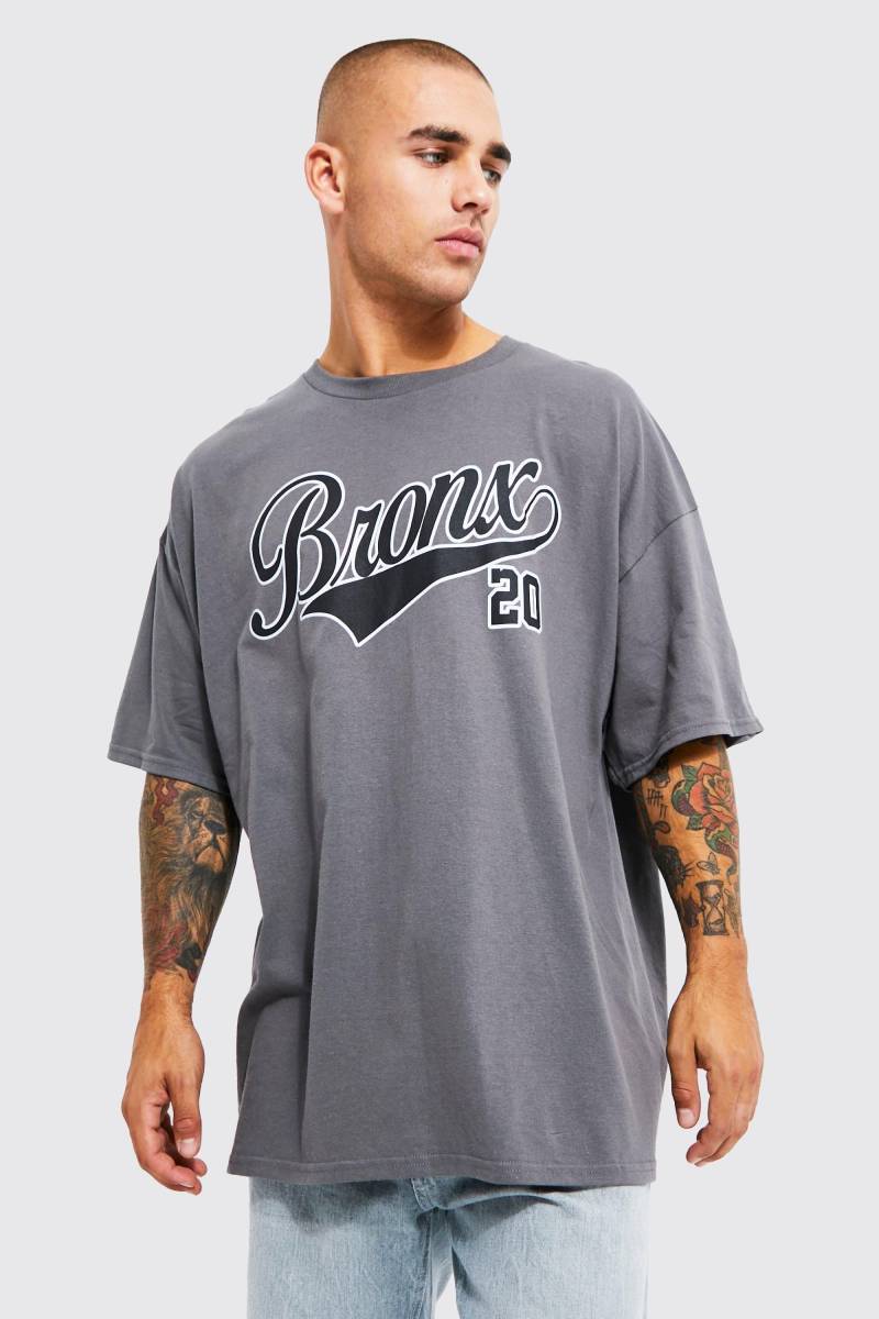 Oversize T-Shirt mit Bronx Print - Grau - S, Grau von boohooman