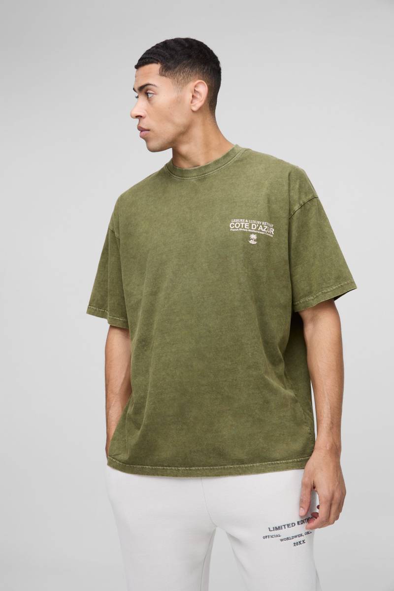 Oversize T-Shirt mit Cote D Azur Print - Khaki - S, Khaki von boohooman