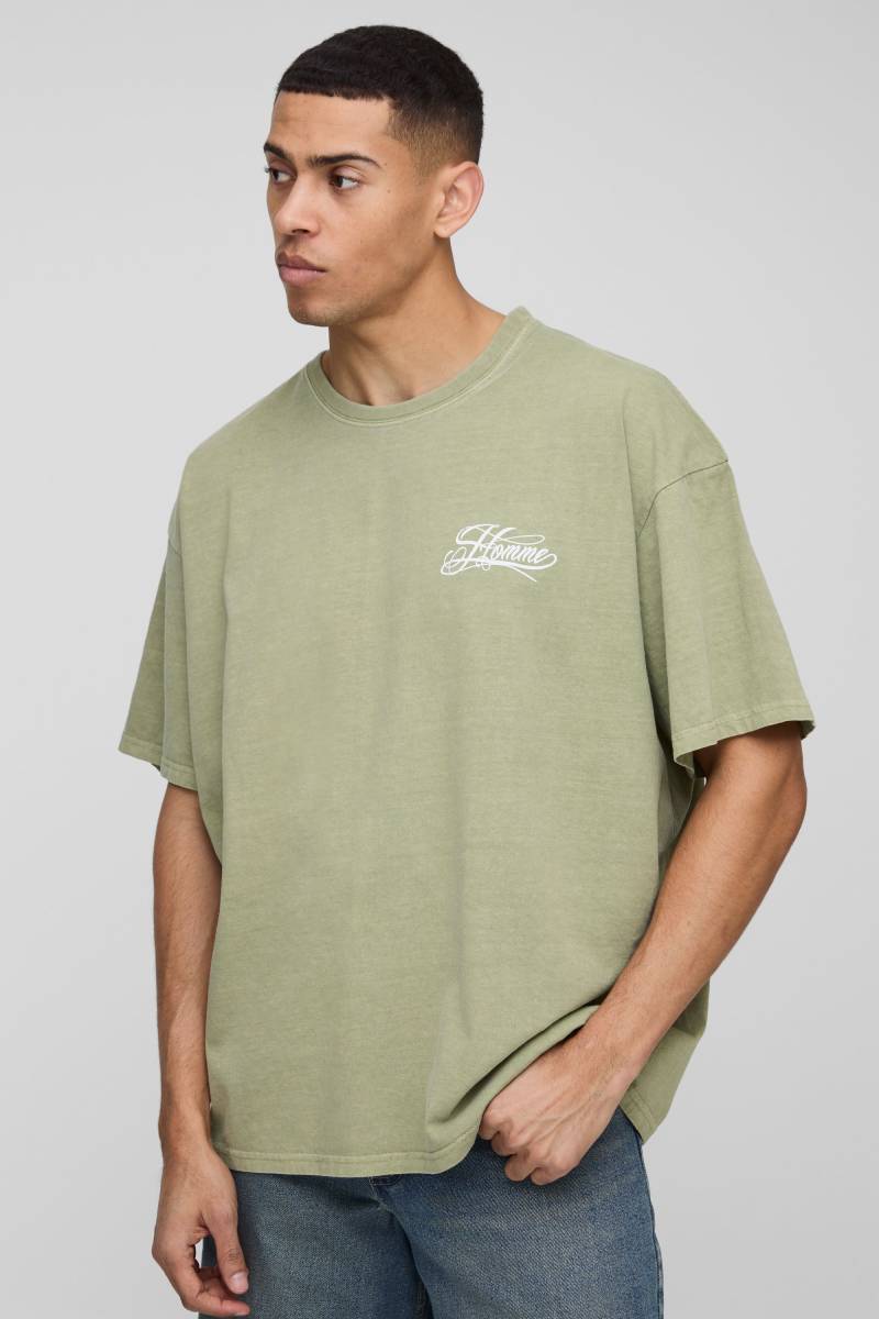 Oversize T-Shirt mit Homme-Schriftzug - Khaki - M, Khaki von boohooman