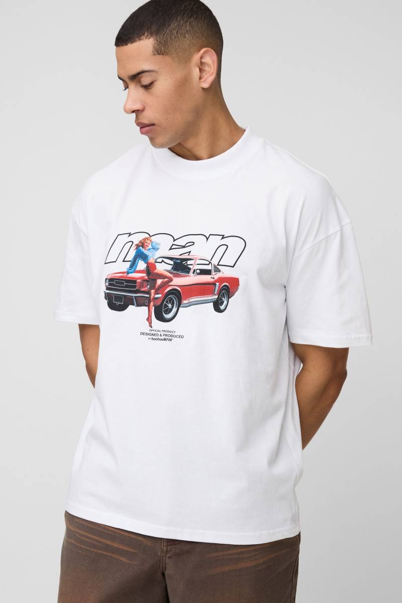 Oversize T-Shirt mit Man Car Print - Weiß - XS, Weiß Oversize T-Shirt mit Man Car Print - Weiß - XS, Weiß von boohooman