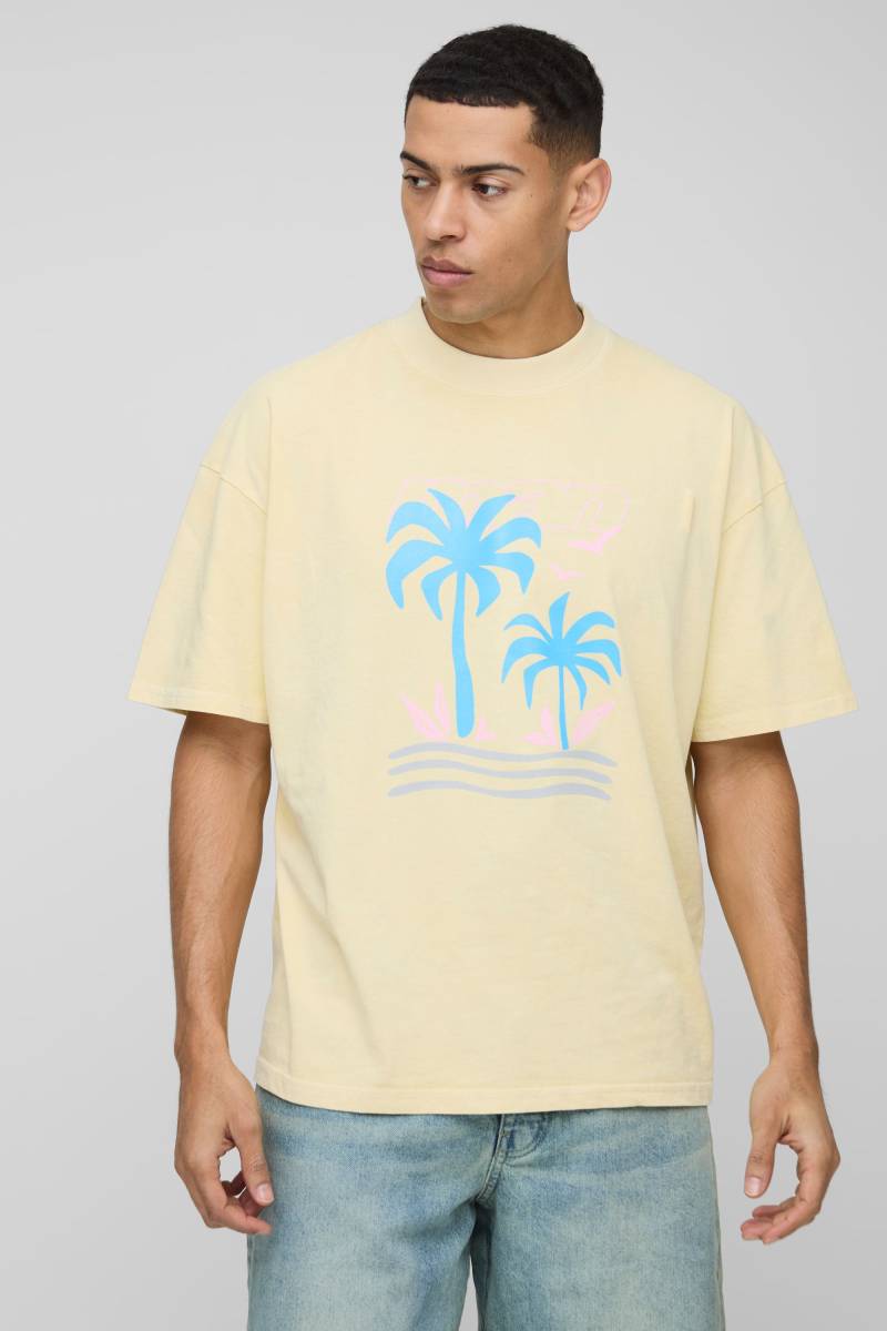 Oversize T-Shirt mit Man Palmen-Print - Gelb - XL, Gelb von boohooman