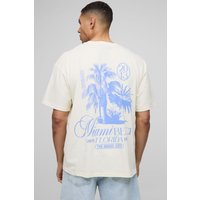 Oversize T-Shirt mit Miami Beach Palmen-Print - Ecru - XS, Ecru von boohooman