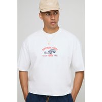 Oversize T-Shirt mit Moto-Print und rohem Saum - Weiß - XS, Weiß von boohooman