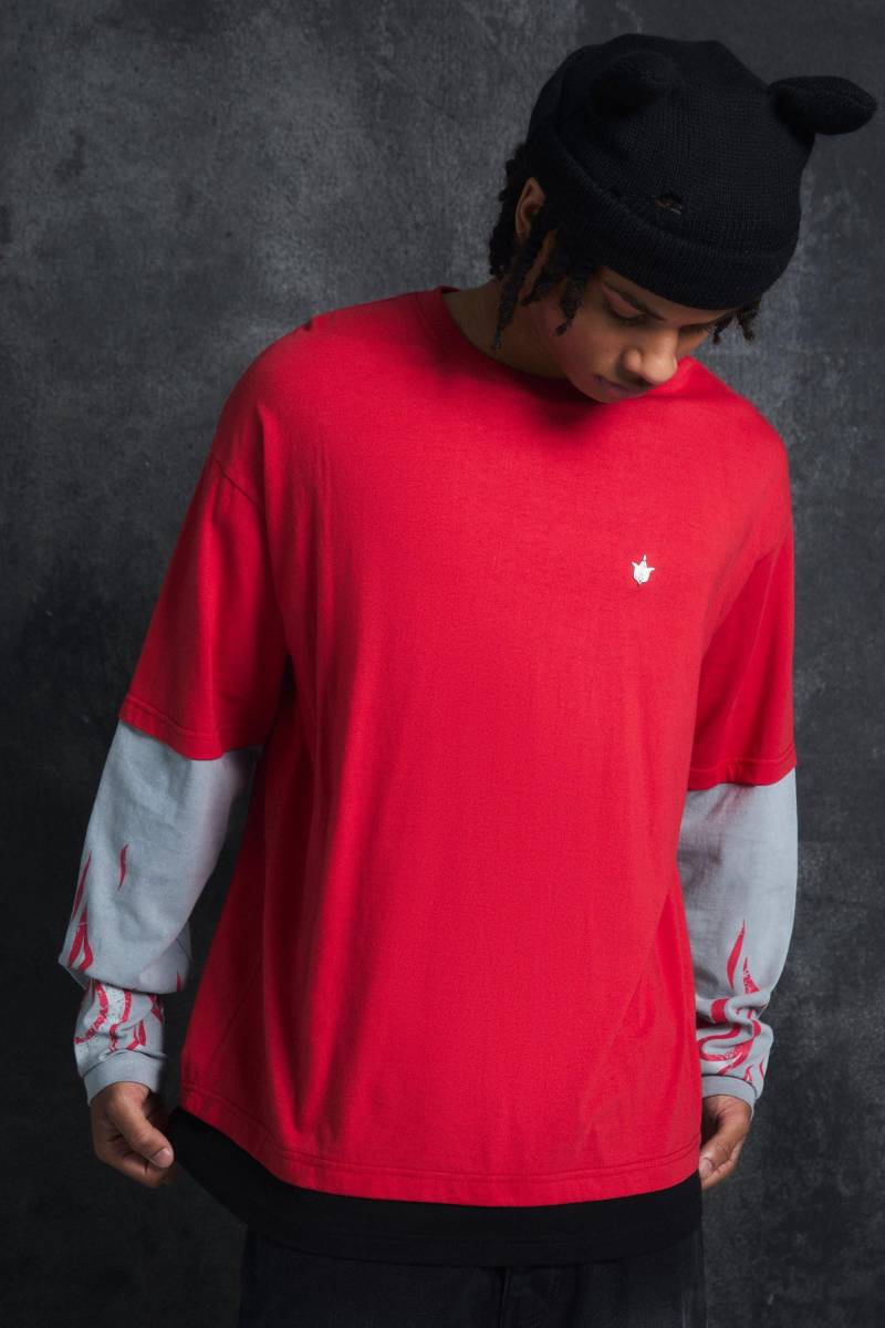 Oversize T-Shirt mit Raglan Flammen Print - Rot - XL, Rot Oversize T-Shirt mit Raglan Flammen Print - Rot - XL, Rot von boohooman