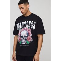 Oversize T-Shirt mit floralem Heartless Totenkopf-Print - Schwarz - XS, Schwarz von boohooman