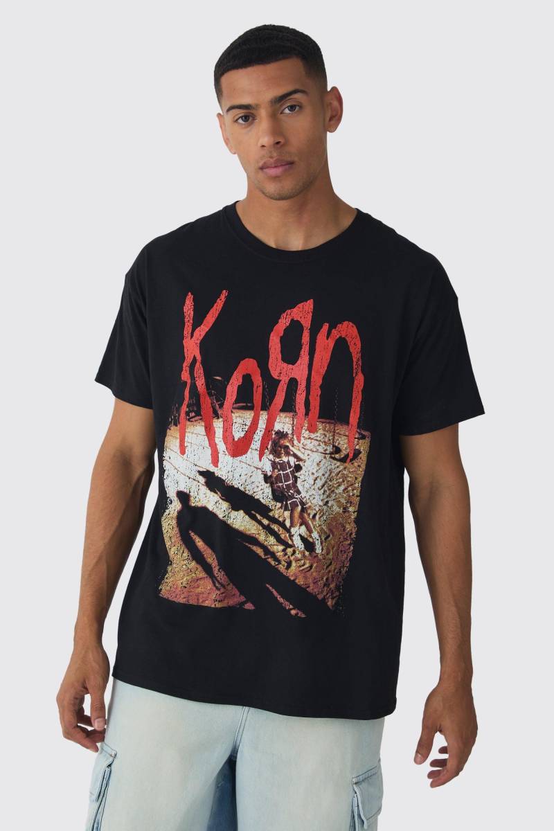 Oversize T-Shirt mit lizenziertem Korn Band Print - Schwarz - L, Schwarz Oversize T-Shirt mit lizenziertem Korn Band Print - Schwarz - L, Schwarz von boohooman